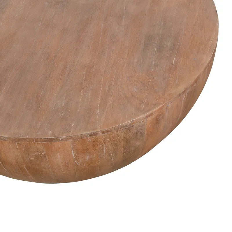 Table basse tambour ronde – Brun vieilli, style ferme, un seul tiroir