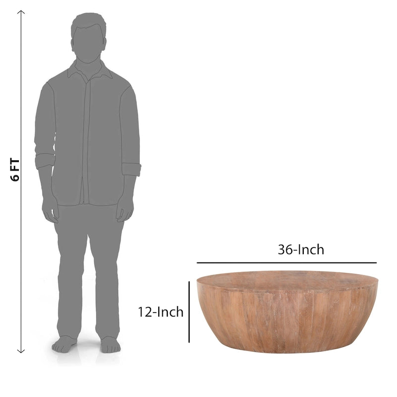 Table basse tambour ronde – Brun vieilli, style ferme, un seul tiroir