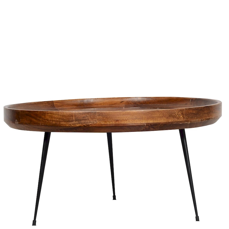 Table Basse Ronde en Bois de Mangue avec Pieds Évasés en Métal et Bords Relevés – Marron / Noir, Style Moderne, Simple