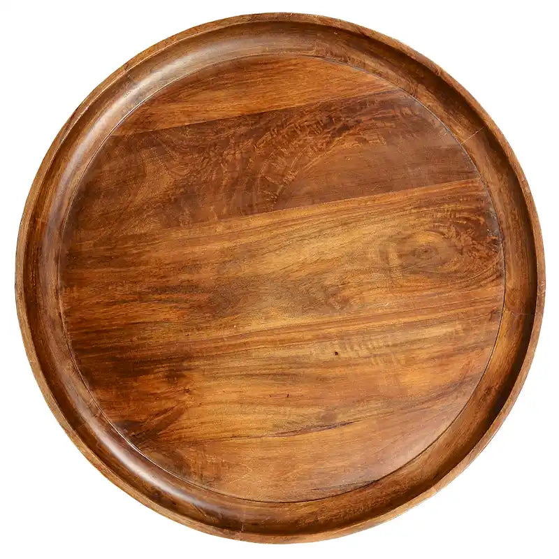 Table Basse Ronde en Bois de Mangue avec Pieds Évasés en Métal et Bords Relevés – Marron / Noir, Style Moderne, Simple