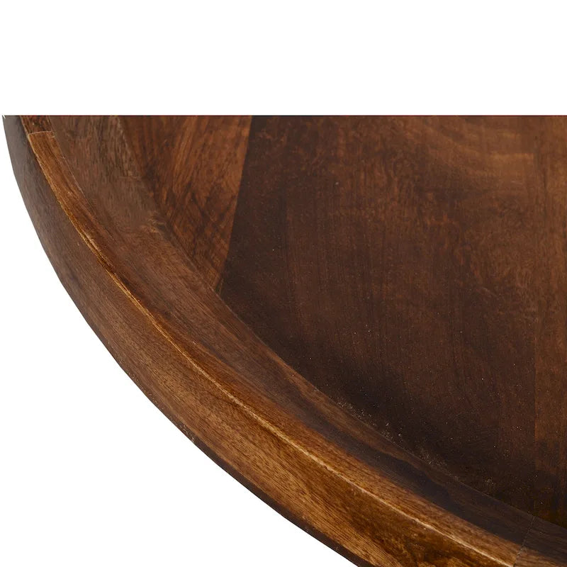 Table Basse Ronde en Bois de Mangue avec Pieds Évasés en Métal et Bords Relevés – Marron / Noir, Style Moderne, Simple