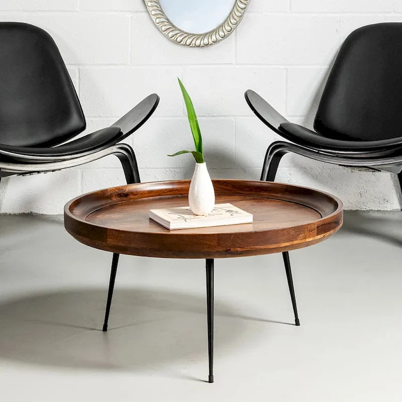 Table Basse Ronde en Bois de Mangue avec Pieds Évasés en Métal et Bords Relevés – Marron / Noir, Style Moderne, Simple