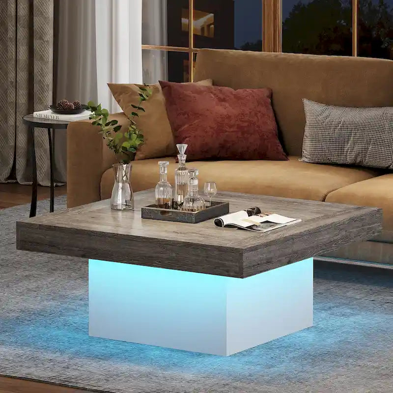 Table Basse Carrée à LED avec Lumière Réglable et Cadre en Panneau de Particules – Chêne/Noir / Blanc/Gris / Naturel/Blanc / Noir / Marron/Blanc / Chêne Marron, Style Industriel Rustique, Simple