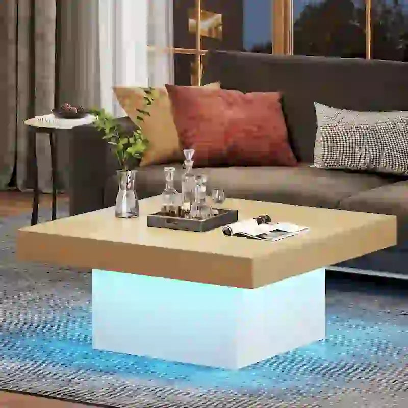 Table Basse Carrée à LED avec Lumière Réglable et Cadre en Panneau de Particules – Chêne/Noir / Blanc/Gris / Naturel/Blanc / Noir / Marron/Blanc / Chêne Marron, Style Industriel Rustique, Simple