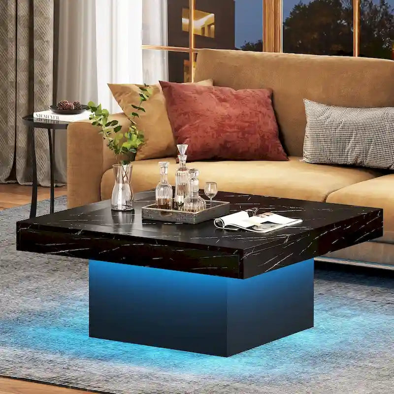 Table Basse Carrée à LED avec Lumière Réglable et Cadre en Panneau de Particules – Chêne/Noir / Blanc/Gris / Naturel/Blanc / Noir / Marron/Blanc / Chêne Marron, Style Industriel Rustique, Simple