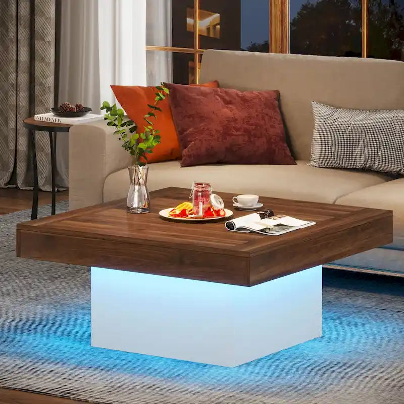 Table Basse Carrée à LED avec Lumière Réglable et Cadre en Panneau de Particules – Chêne/Noir / Blanc/Gris / Naturel/Blanc / Noir / Marron/Blanc / Chêne Marron, Style Industriel Rustique, Simple