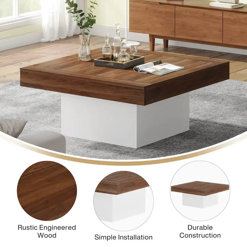 Table Basse Carrée à LED avec Lumière Réglable et Cadre en Panneau de Particules – Chêne/Noir / Blanc/Gris / Naturel/Blanc / Noir / Marron/Blanc / Chêne Marron, Style Industriel Rustique, Simple