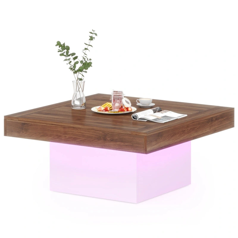 Table Basse Carrée à LED avec Lumière Réglable et Cadre en Panneau de Particules – Chêne/Noir / Blanc/Gris / Naturel/Blanc / Noir / Marron/Blanc / Chêne Marron, Style Industriel Rustique, Simple