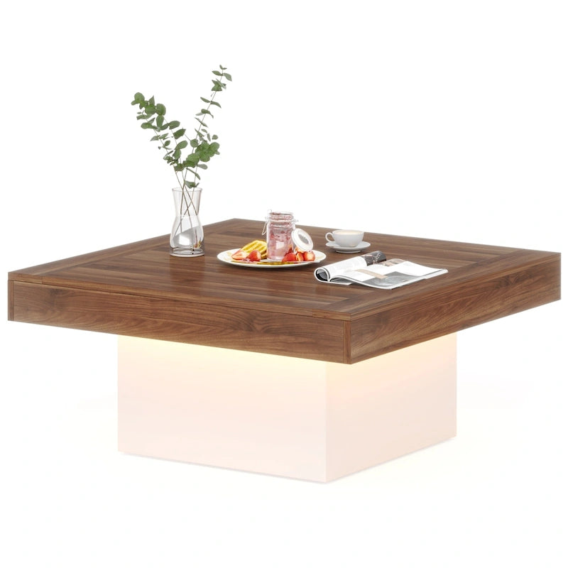 Table Basse Carrée à LED avec Lumière Réglable et Cadre en Panneau de Particules – Chêne/Noir / Blanc/Gris / Naturel/Blanc / Noir / Marron/Blanc / Chêne Marron, Style Industriel Rustique, Simple