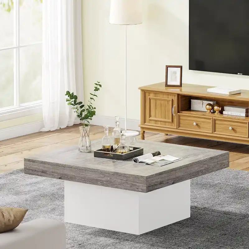Table Basse Carrée à LED avec Lumière Réglable et Cadre en Panneau de Particules – Chêne/Noir / Blanc/Gris / Naturel/Blanc / Noir / Marron/Blanc / Chêne Marron, Style Industriel Rustique, Simple