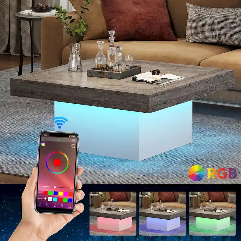 Table Basse Carrée à LED avec Lumière Réglable et Cadre en Panneau de Particules – Chêne/Noir / Blanc/Gris / Naturel/Blanc / Noir / Marron/Blanc / Chêne Marron, Style Industriel Rustique, Simple