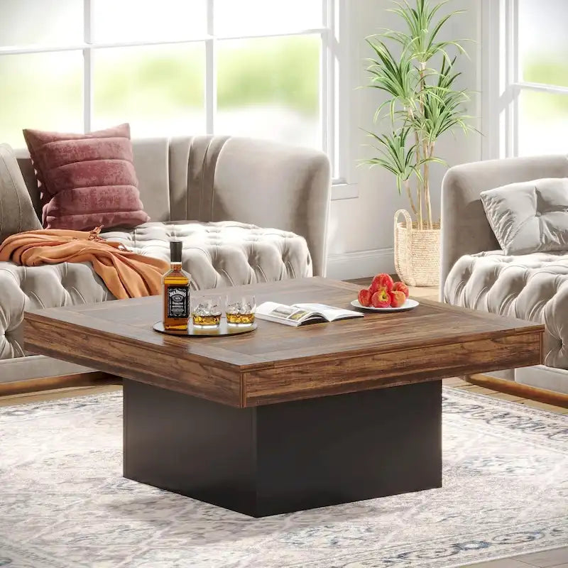 Table Basse Carrée à LED avec Lumière Réglable et Cadre en Panneau de Particules – Chêne/Noir / Blanc/Gris / Naturel/Blanc / Noir / Marron/Blanc / Chêne Marron, Style Industriel Rustique, Simple
