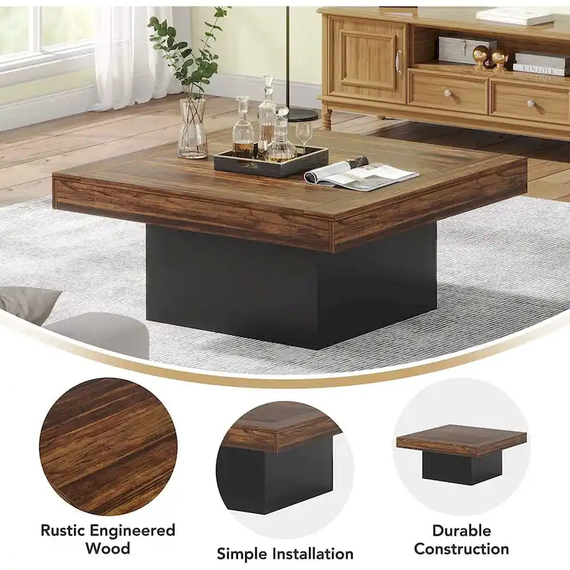 Table Basse Carrée à LED avec Lumière Réglable et Cadre en Panneau de Particules – Chêne/Noir / Blanc/Gris / Naturel/Blanc / Noir / Marron/Blanc / Chêne Marron, Style Industriel Rustique, Simple