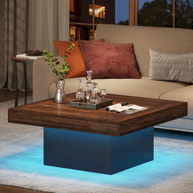 Table Basse Carrée à LED avec Lumière Réglable et Cadre en Panneau de Particules – Chêne/Noir / Blanc/Gris / Naturel/Blanc / Noir / Marron/Blanc / Chêne Marron, Style Industriel Rustique, Simple