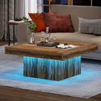 Table Basse Carrée à LED avec Lumière Réglable et Cadre en Panneau de Particules – Chêne/Noir / Blanc/Gris / Naturel/Blanc / Noir / Marron/Blanc / Chêne Marron, Style Industriel Rustique, Simple