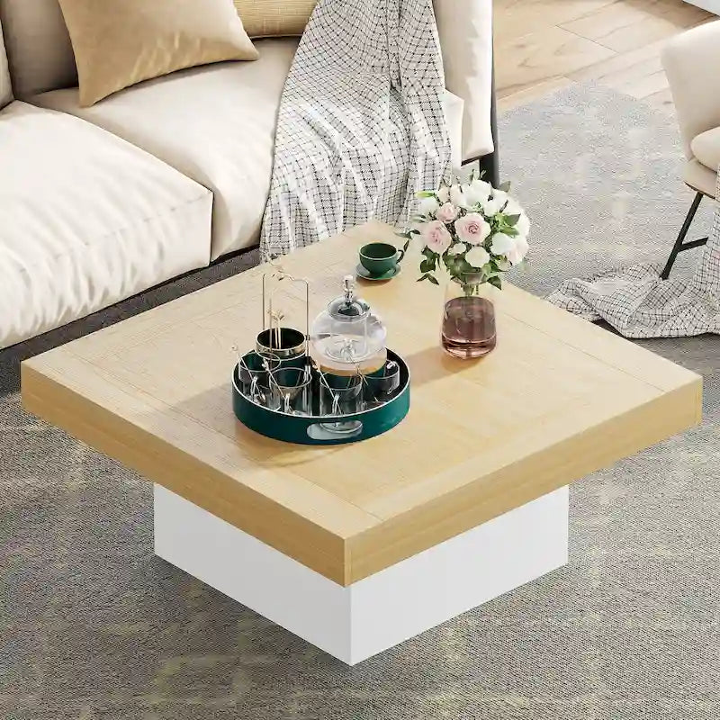 Table Basse Carrée à LED avec Lumière Réglable et Cadre en Panneau de Particules – Chêne/Noir / Blanc/Gris / Naturel/Blanc / Noir / Marron/Blanc / Chêne Marron, Style Industriel Rustique, Simple