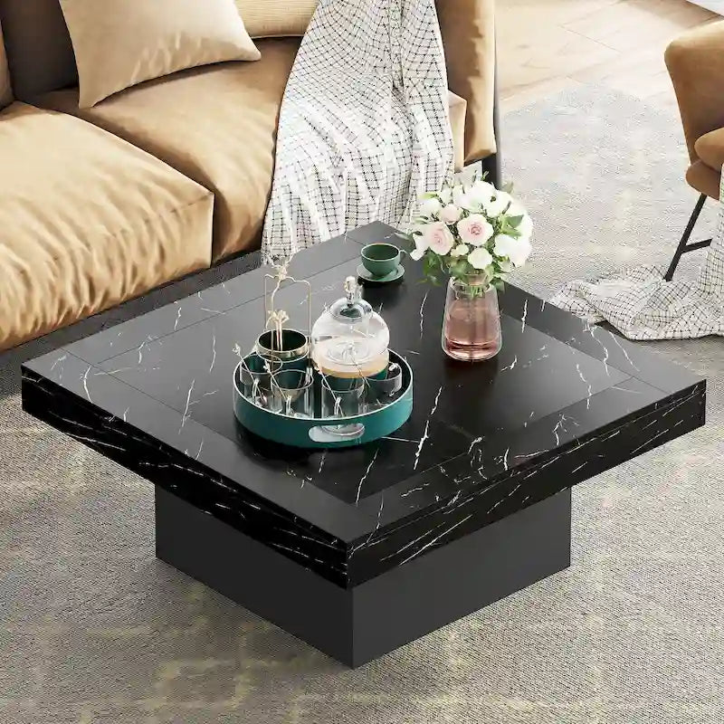 Table Basse Carrée à LED avec Lumière Réglable et Cadre en Panneau de Particules – Chêne/Noir / Blanc/Gris / Naturel/Blanc / Noir / Marron/Blanc / Chêne Marron, Style Industriel Rustique, Simple