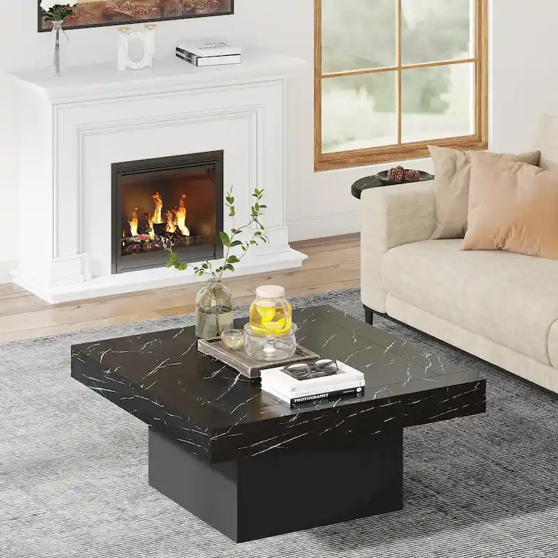 Table Basse Carrée à LED avec Lumière Réglable et Cadre en Panneau de Particules – Chêne/Noir / Blanc/Gris / Naturel/Blanc / Noir / Marron/Blanc / Chêne Marron, Style Industriel Rustique, Simple