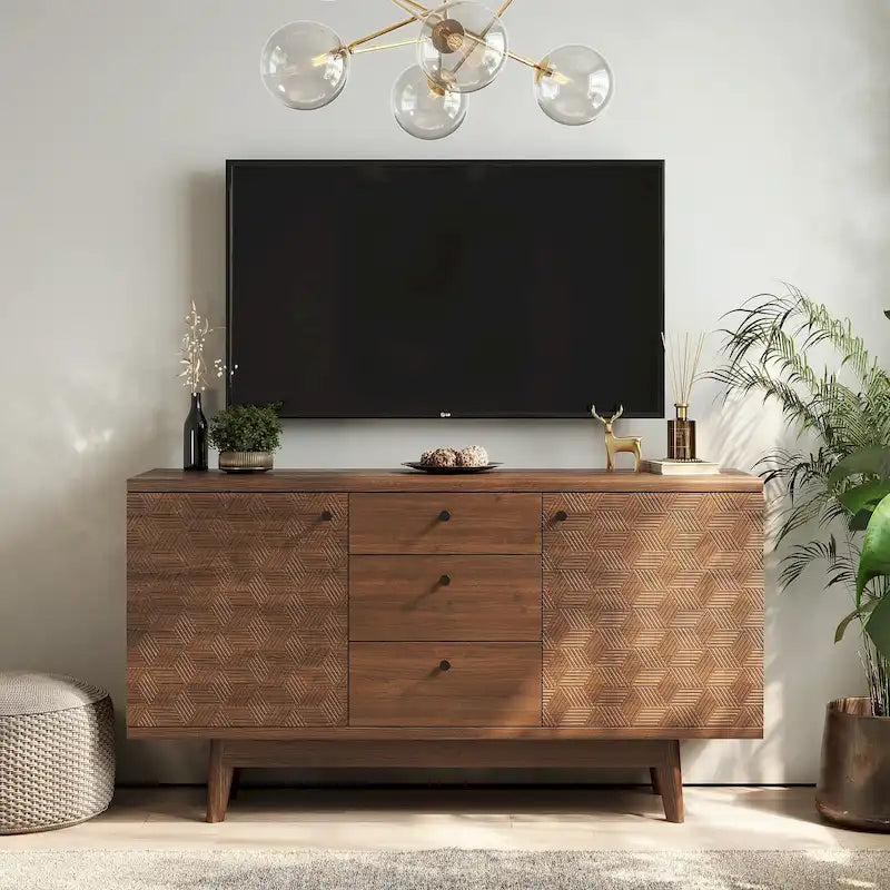 Meuble TV bahut à chevrons avec 3 tiroirs et 2 portes – Noyer / Beige / Marron, style moderne, simple