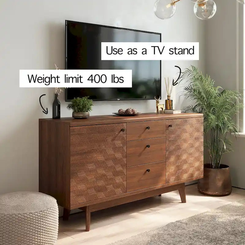 Meuble TV bahut à chevrons avec 3 tiroirs et 2 portes – Noyer / Beige / Marron, style moderne, simple