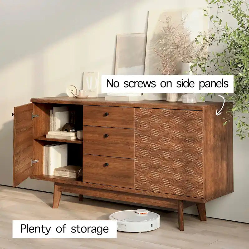 Meuble TV bahut à chevrons avec 3 tiroirs et 2 portes – Noyer / Beige / Marron, style moderne, simple