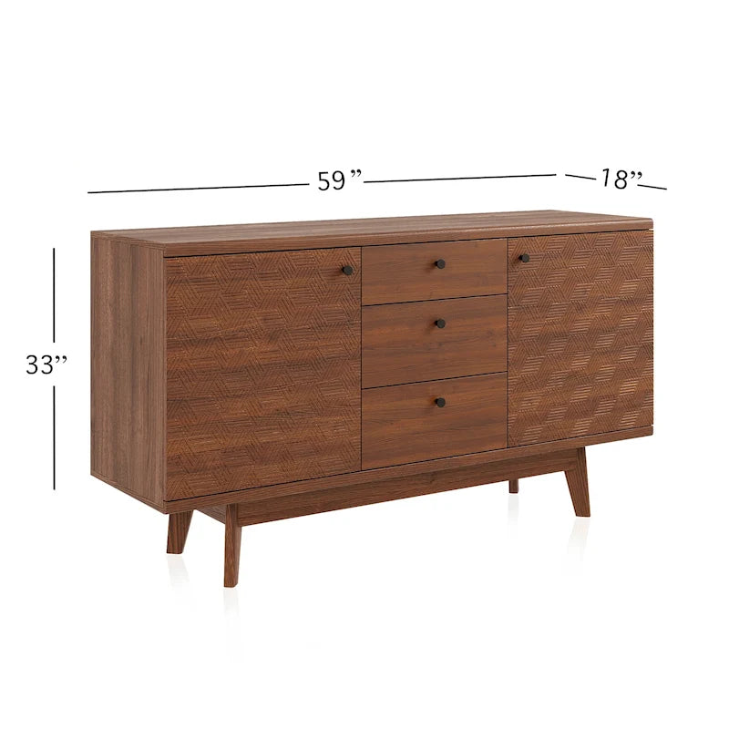 Meuble TV bahut à chevrons avec 3 tiroirs et 2 portes – Noyer / Beige / Marron, style moderne, simple