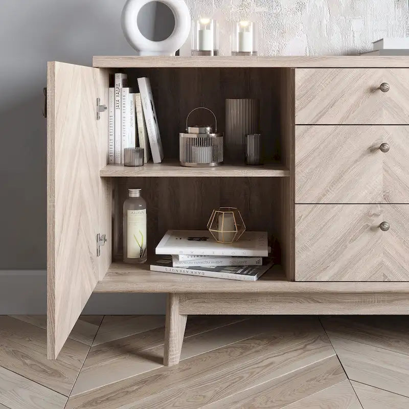 Meuble TV bahut à chevrons avec 3 tiroirs et 2 portes – Noyer / Beige / Marron, style moderne, simple