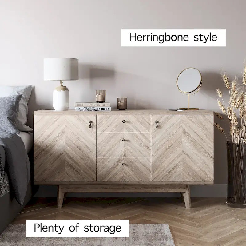 Meuble TV bahut à chevrons avec 3 tiroirs et 2 portes – Noyer / Beige / Marron, style moderne, simple