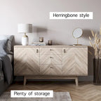 Meuble TV bahut à chevrons avec 3 tiroirs et 2 portes – Noyer / Beige / Marron, style moderne, simple