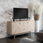 Meuble TV bahut à chevrons avec 3 tiroirs et 2 portes – Noyer / Beige / Marron, style moderne, simple