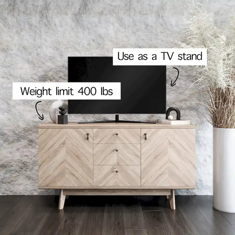 Meuble TV bahut à chevrons avec 3 tiroirs et 2 portes – Noyer / Beige / Marron, style moderne, simple