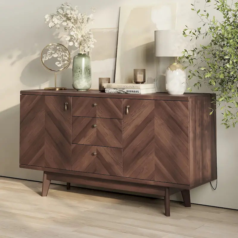 Meuble TV bahut à chevrons avec 3 tiroirs et 2 portes – Noyer / Beige / Marron, style moderne, simple