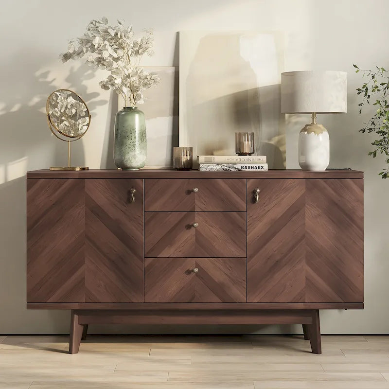 Meuble TV bahut à chevrons avec 3 tiroirs et 2 portes – Noyer / Beige / Marron, style moderne, simple