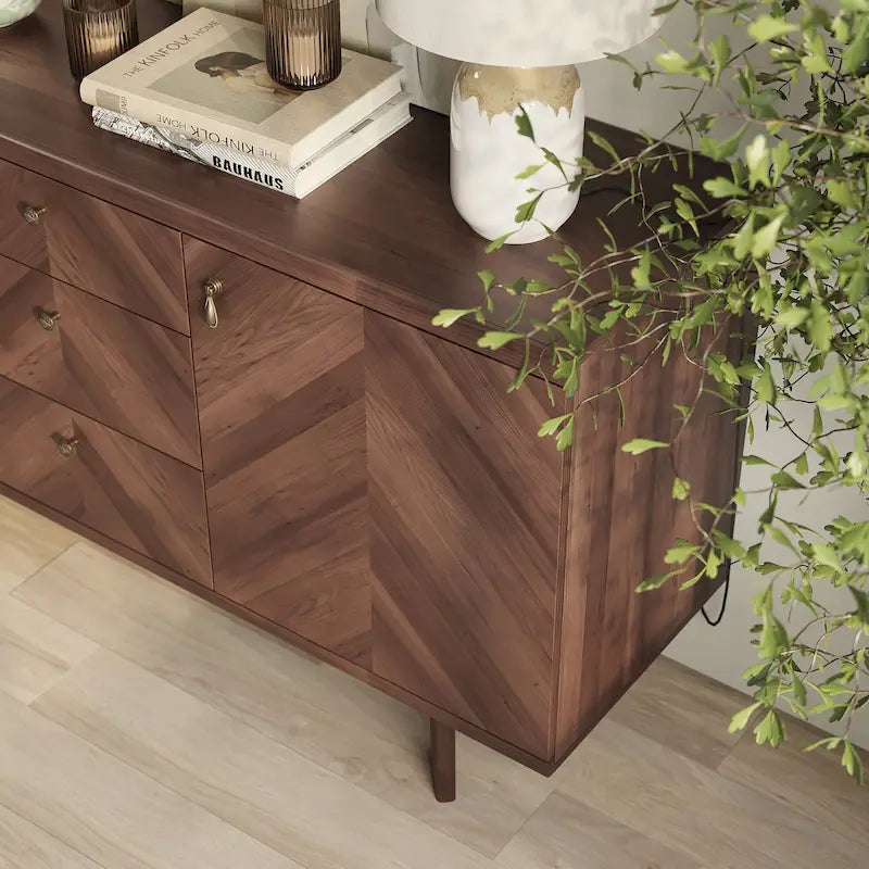 Meuble TV bahut à chevrons avec 3 tiroirs et 2 portes – Noyer / Beige / Marron, style moderne, simple