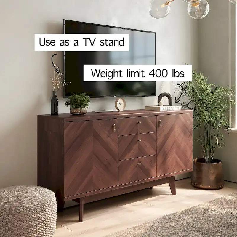 Meuble TV bahut à chevrons avec 3 tiroirs et 2 portes – Noyer / Beige / Marron, style moderne, simple
