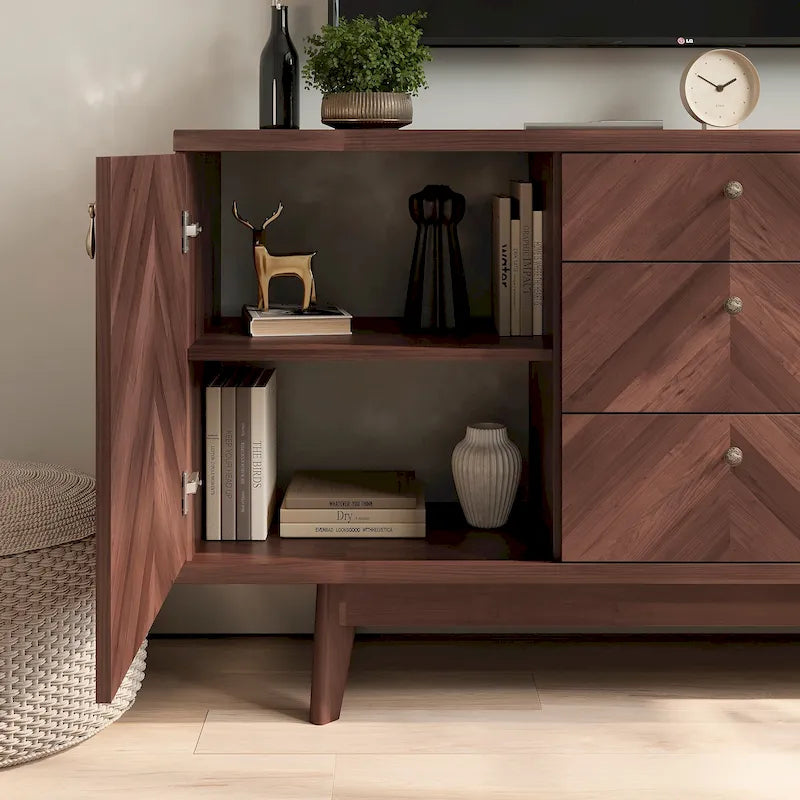 Meuble TV bahut à chevrons avec 3 tiroirs et 2 portes – Noyer / Beige / Marron, style moderne, simple