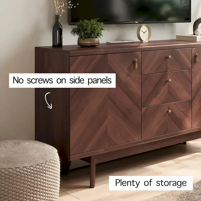 Meuble TV bahut à chevrons avec 3 tiroirs et 2 portes – Noyer / Beige / Marron, style moderne, simple