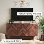 Meuble TV bahut à chevrons avec 3 tiroirs et 2 portes – Noyer / Beige / Marron, style moderne, simple
