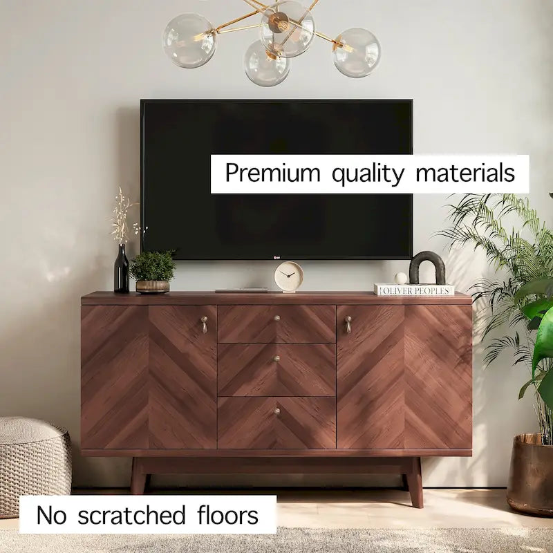 Meuble TV bahut à chevrons avec 3 tiroirs et 2 portes – Noyer / Beige / Marron, style moderne, simple