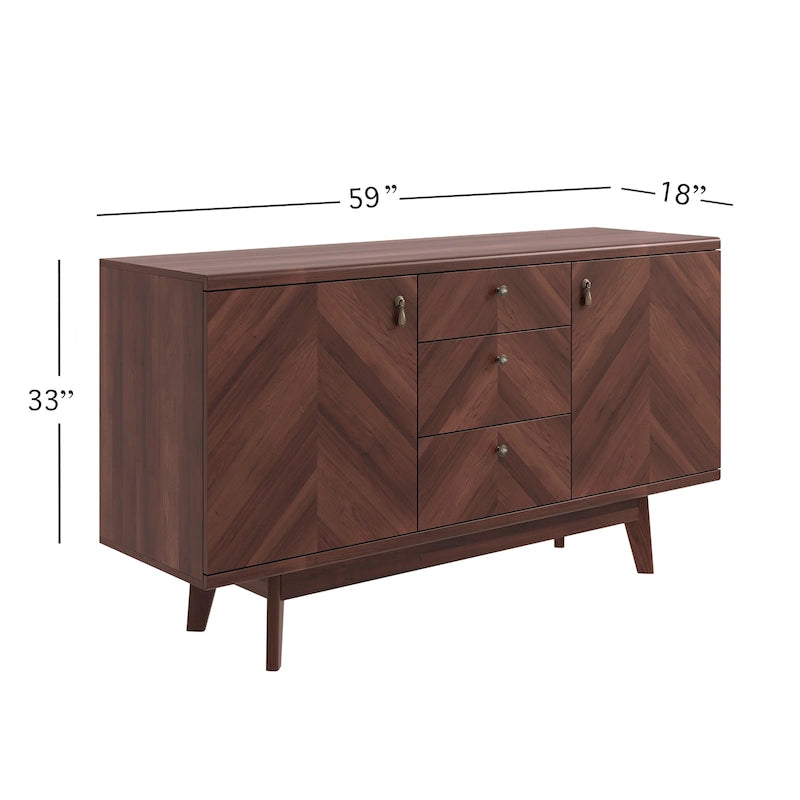 Meuble TV bahut à chevrons avec 3 tiroirs et 2 portes – Noyer / Beige / Marron, style moderne, simple