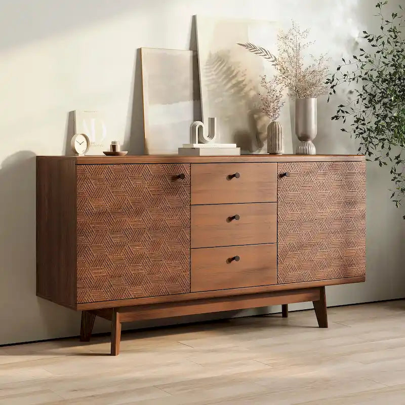 Meuble TV bahut à chevrons avec 3 tiroirs et 2 portes – Noyer / Beige / Marron, style moderne, simple