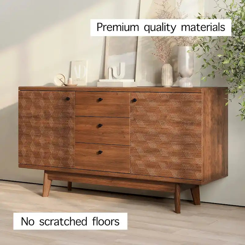 Meuble TV bahut à chevrons avec 3 tiroirs et 2 portes – Noyer / Beige / Marron, style moderne, simple