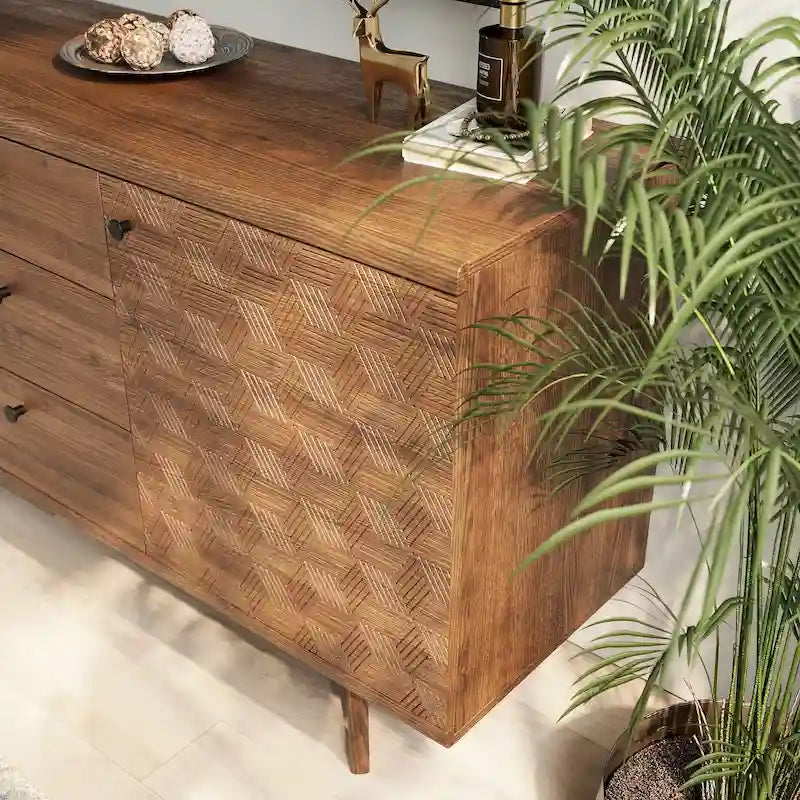Meuble TV bahut à chevrons avec 3 tiroirs et 2 portes – Noyer / Beige / Marron, style moderne, simple