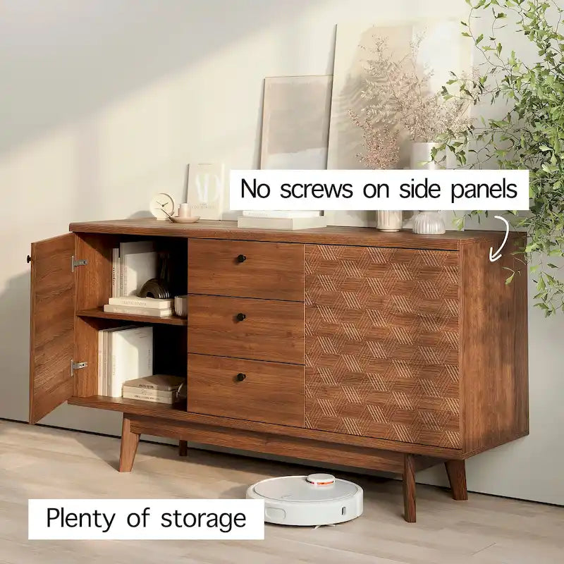 Meuble TV bahut à chevrons avec 3 tiroirs et 2 portes – Noyer / Beige / Marron, style moderne, simple