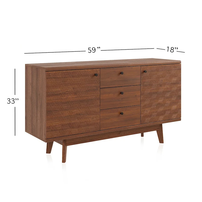 Meuble TV bahut à chevrons avec 3 tiroirs et 2 portes – Noyer / Beige / Marron, style moderne, simple