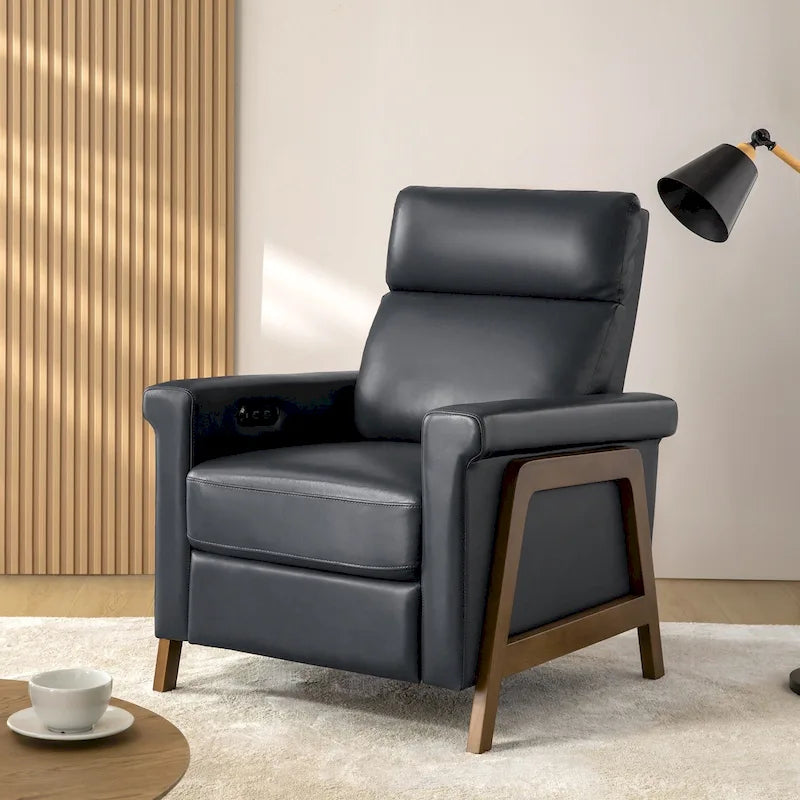 Fauteuil inclinable électrique en cuir véritable avec port USB et repose-pieds rétractable – Bleu marine / Chameau / Noir, style milieu de siècle, individuel