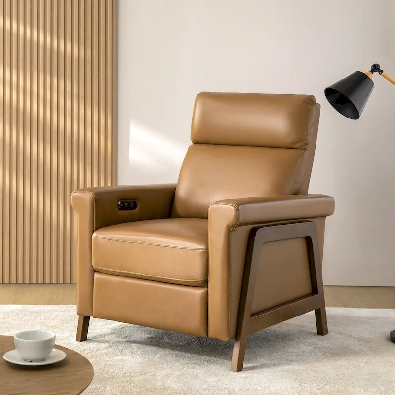 Fauteuil inclinable électrique en cuir véritable avec port USB et repose-pieds rétractable – Bleu marine / Chameau / Noir, style milieu de siècle, individuel