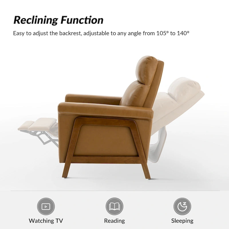 Fauteuil inclinable électrique en cuir véritable avec port USB et repose-pieds rétractable – Bleu marine / Chameau / Noir, style milieu de siècle, individuel