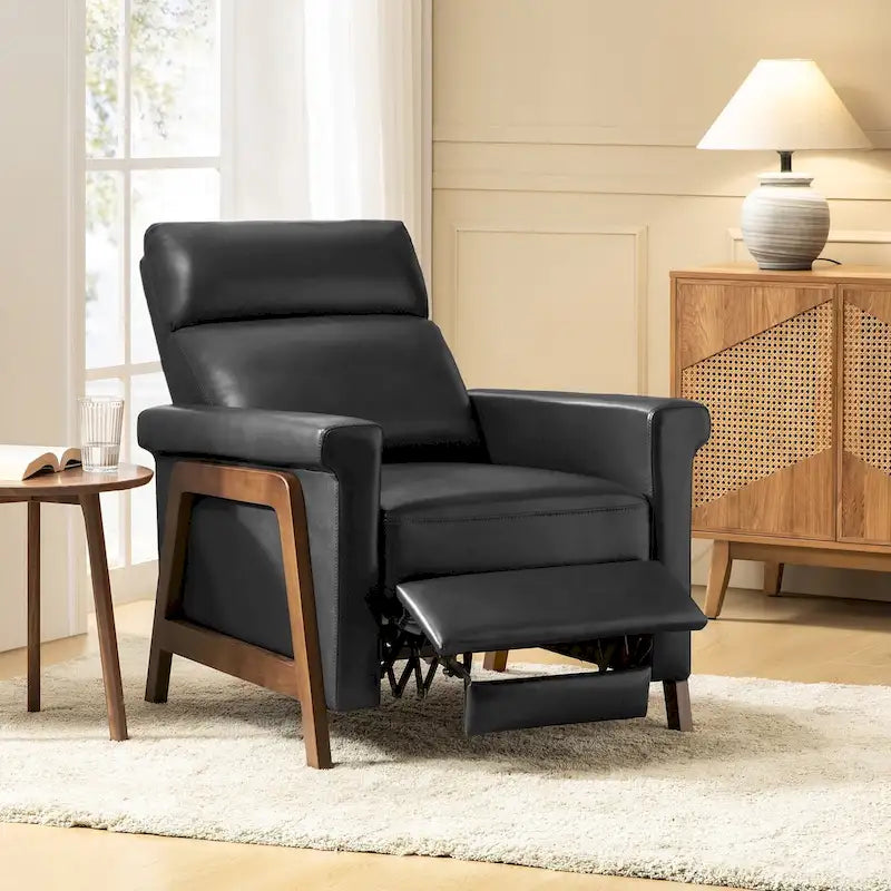 Fauteuil inclinable électrique en cuir véritable avec port USB et repose-pieds rétractable – Bleu marine / Chameau / Noir, style milieu de siècle, individuel