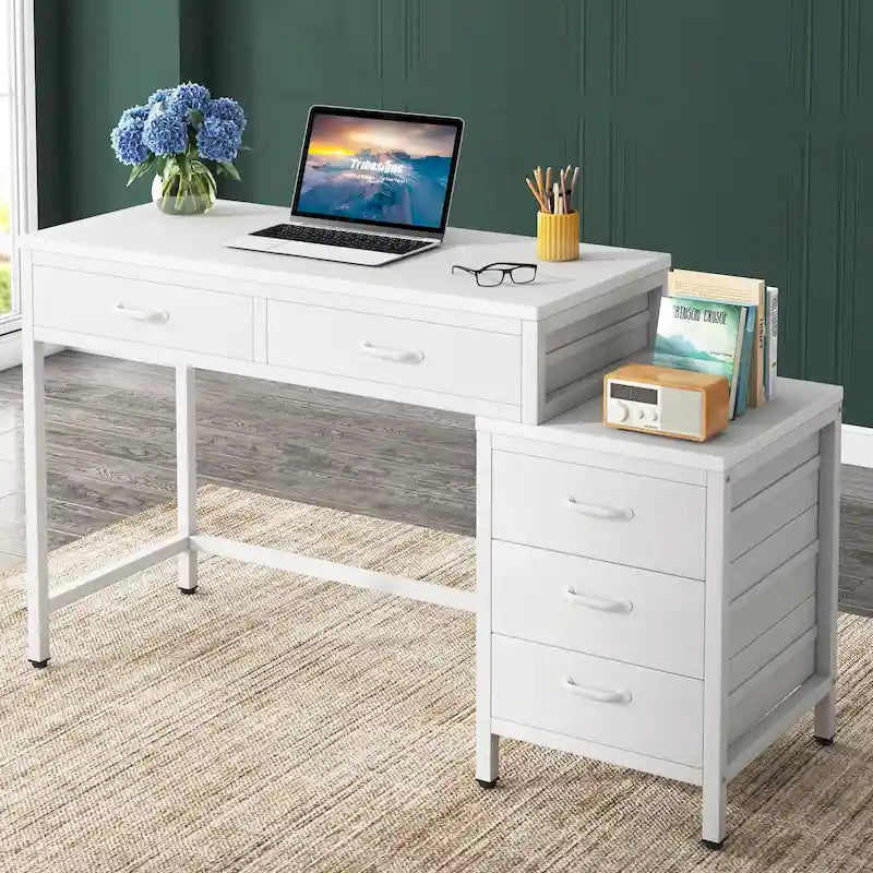 Bureau d'ordinateur réversible avec bureau à 2 tiroirs et meuble de classement à 3 tiroirs – Brun rustique / Gris / Blanc / Noyer clair / Gris et blanc / Noir, Style moderne, Individuel